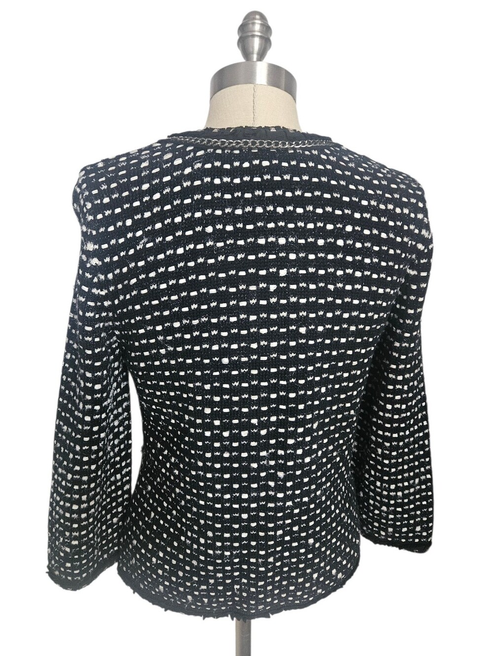WHITE HOUSE BLACK MARKET Tweed Chain-Trim Cardigan Jacket Black & White | SZ M - Picture 5 of 13